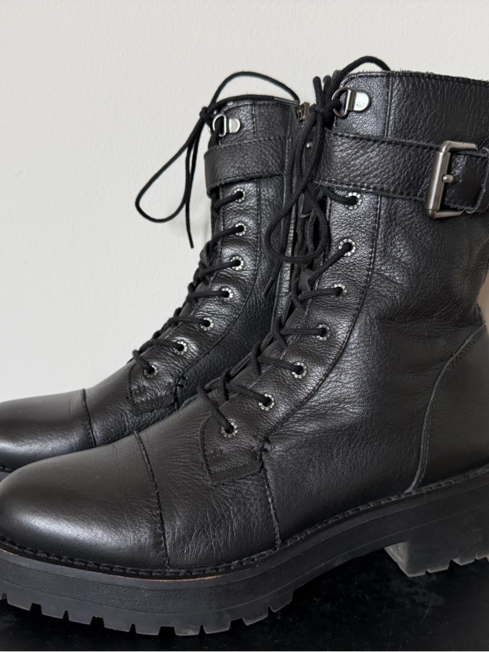 Sam Edelman Black Leather Lace-Up Combat Boots with Buckle - Picture 5 of 11